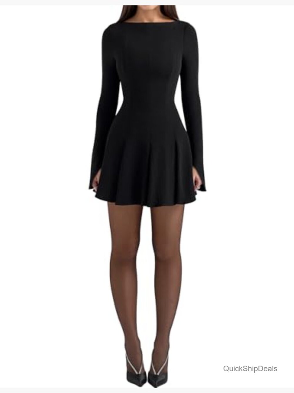 Long Sleeve Boat Neck Bodycon Mini Dress Pleated Fit and Flare Prom Dress - Picture 6 of 6